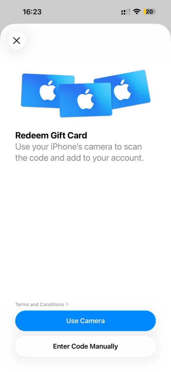 Gift card redemption screen in iOS 26.4 with the Enter Code Manually button