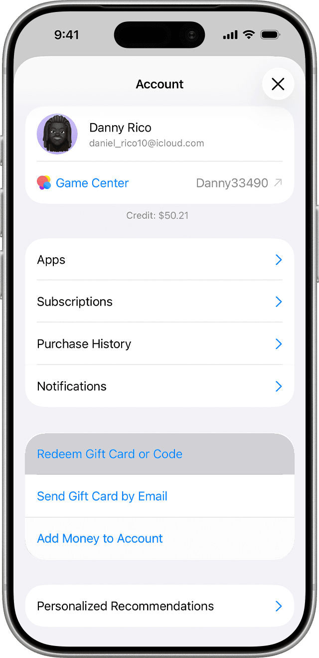 App Store Account screen with the “Redeem Gift Card or Code” item