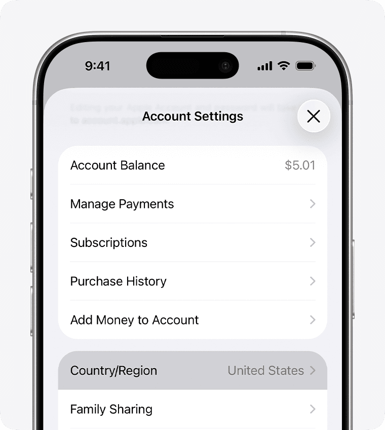 Account Settings screen with the Country/Region line